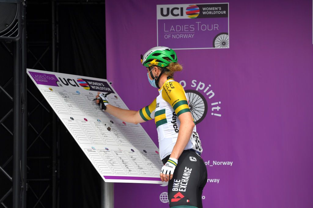 SARPSBORG NORWAY AUGUST 12 Sarah Roy of Australia and Team Team BikeExchange prior to the 7th Ladies Tour Of Norway 2021 Stage 1 a 1415km stage from Halden to Sarpsborg LTourOfNorway LTON21 UCIWWT on August 12 2021 in Sarpsborg Norway Photo by Luc ClaessenGetty Images