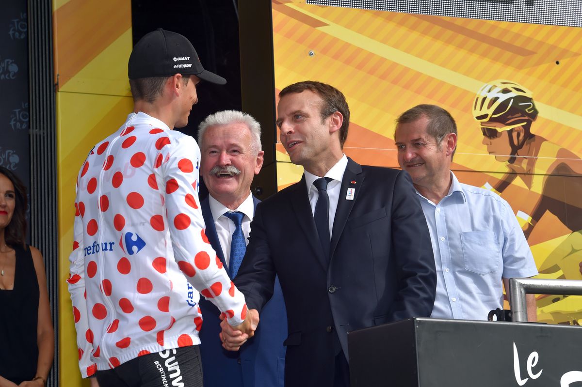 French president Emmanuel Macron congratulates Warren Barguil