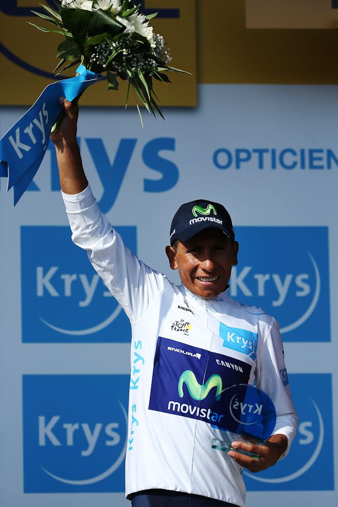 Nairo Quintana in the white jersey of the Tour's best young rider.