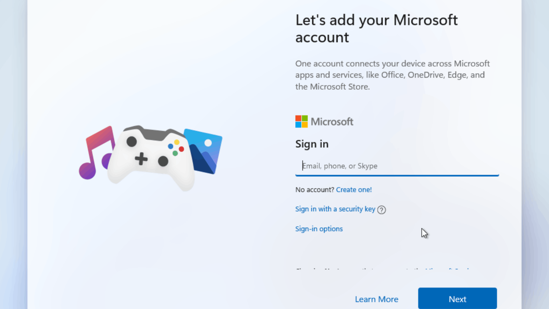 Pantalla de configuración de Windows 11 pidiendo cuenta de Microsoft