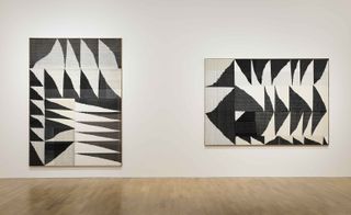 Each artwork is composed of individual geometric panels that are painstakingly woven by hand on backstrap and floor looms from second-hand and leftover fibres