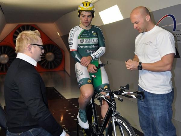 More discussion of Mike Friedman's aero position by Chris Edin, left, and Mike Giraud, right.