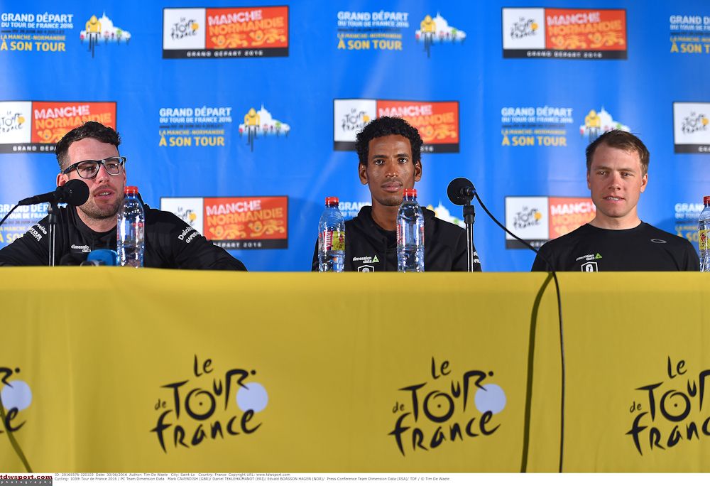 Mark Cavendish, Daniel Teklehaimanot and Edvald Boasson Hagen at the pre-Tour press conference.