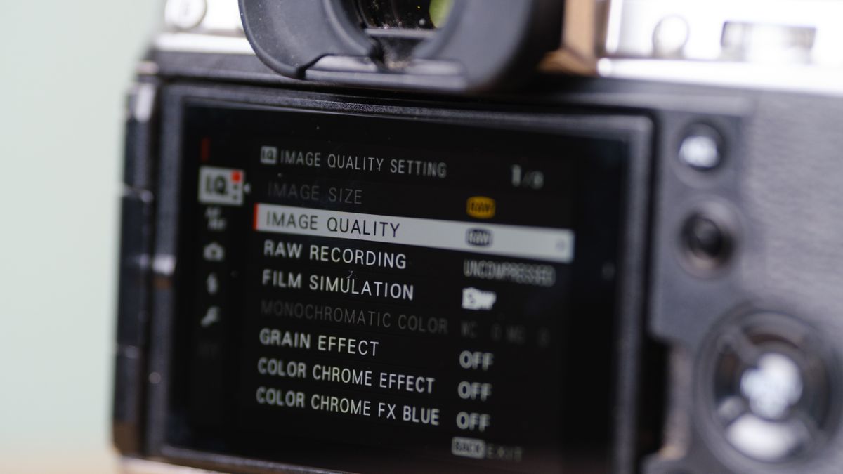 The back of a mirrorless camera showing the image quality menu