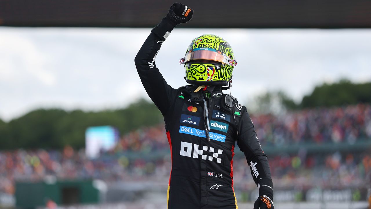 Race winner Lando Norris of Great Britain and McLaren celebrates in parc ferme during the F1 Grand Prix of Great Britain at Silverstone Circuit