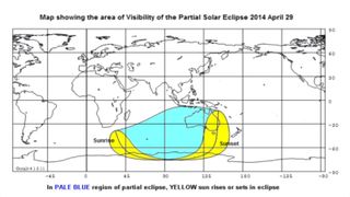 This map shows the visibility locations for the annular solar eclipse of April 29, 2014, which appeared as a partial solar eclipse over Australia.