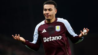 Aston Villa's Morgan Rogers celebrating his 2nd goal against Manchester United in the Premier League 