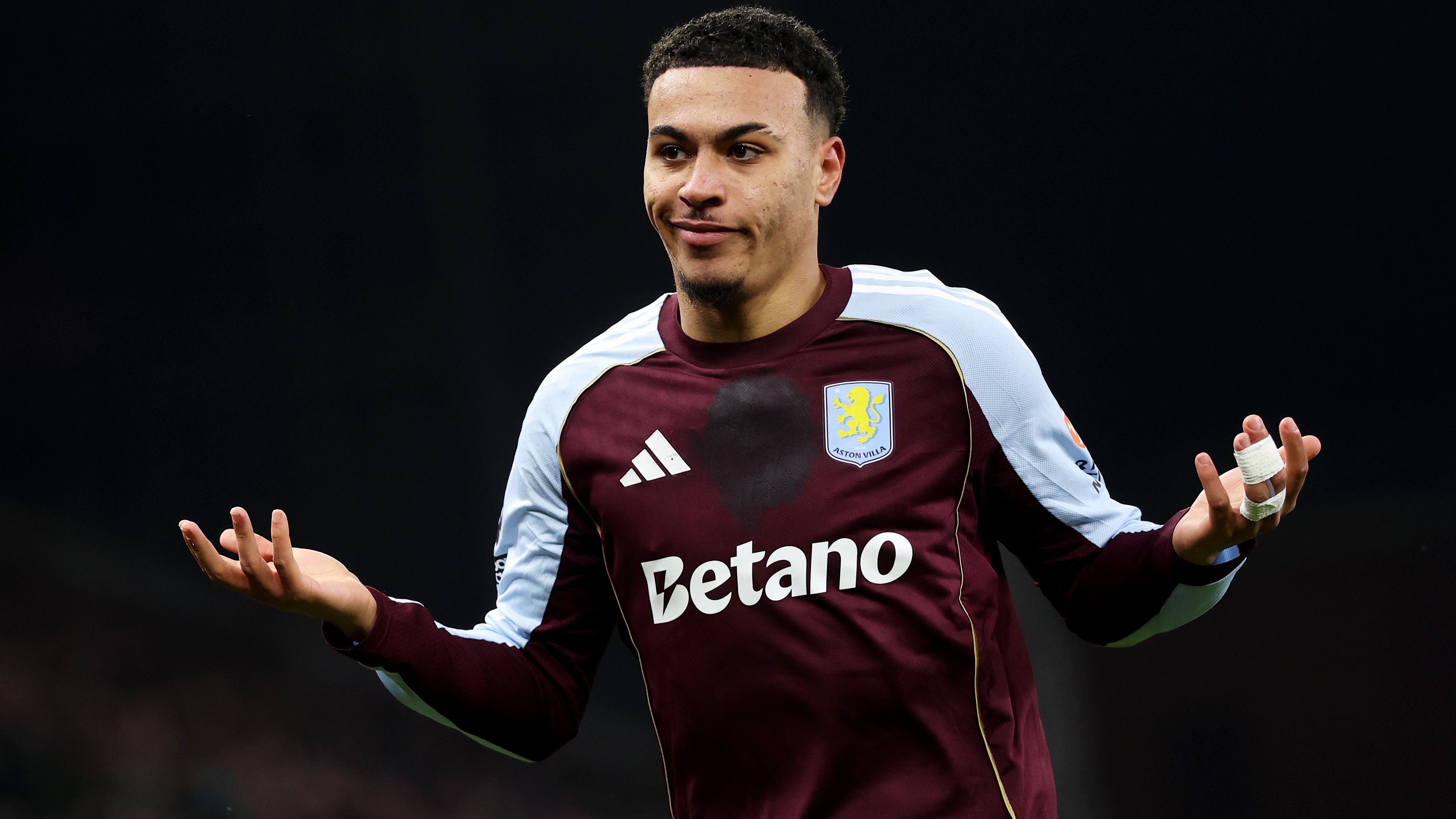 Aston Villa's Morgan Rogers celebrating his 2nd goal against Manchester United in the Premier League 