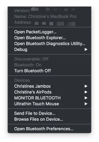 Debug menu in Bluetooth menu bar