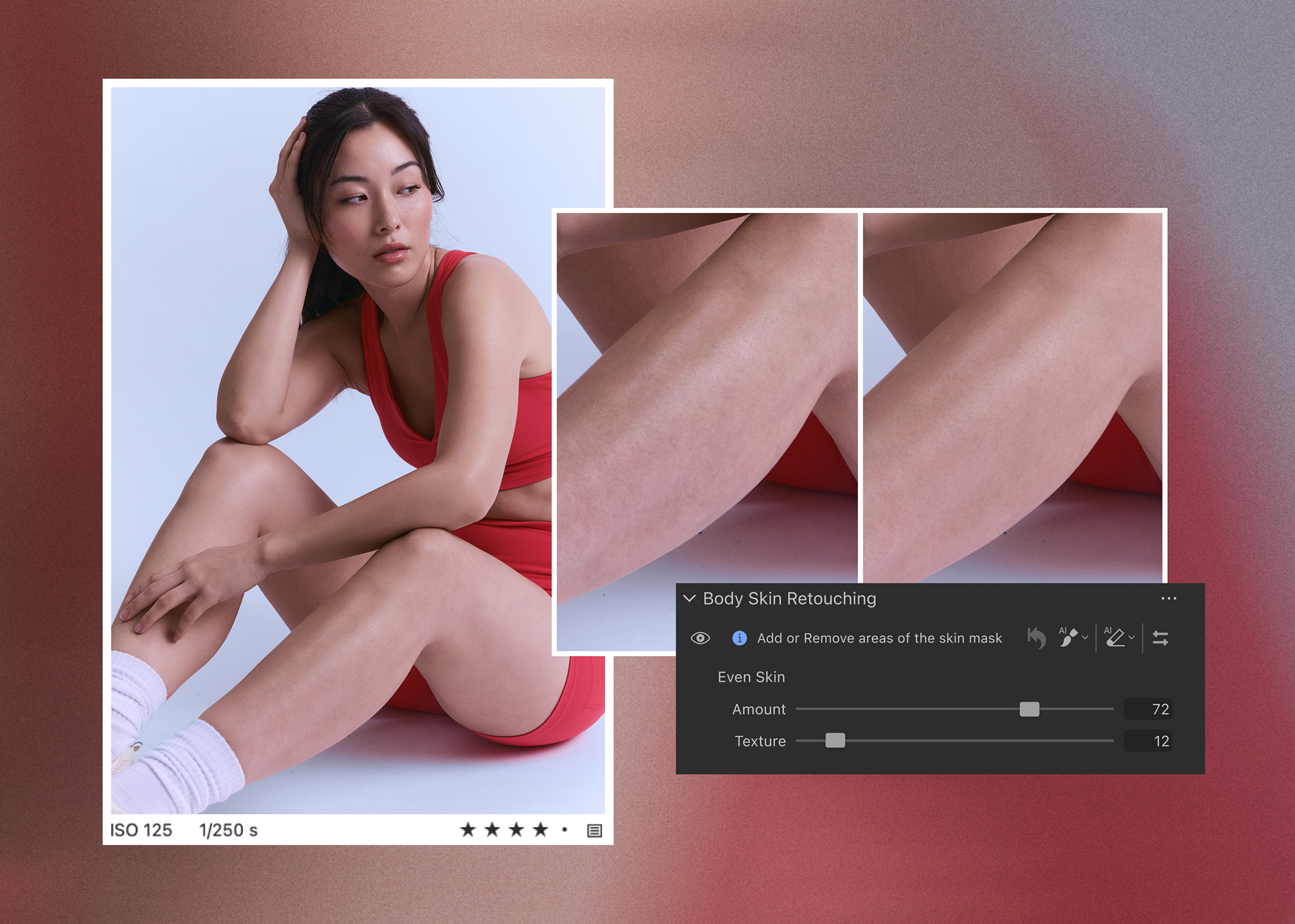 Blurred background, on top three images, left a woman in a red sport outfit, sitting on a neutral studio floor, to the right close ups of her calf, next to it sliders to select the editing values