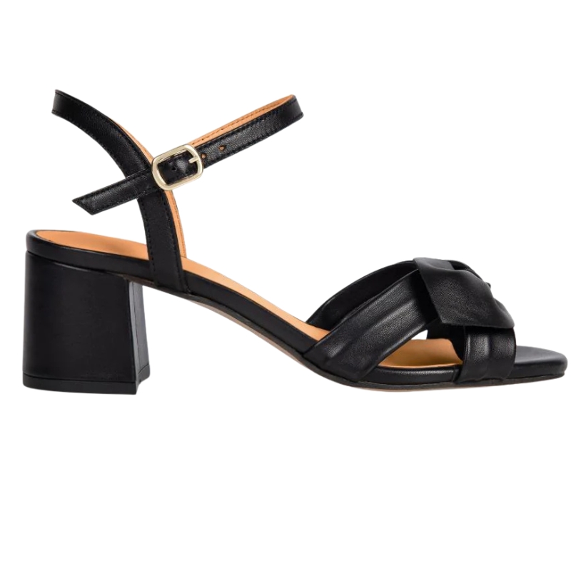 Air & Grace, Dancing Queen: Black Leather Block Heel Sandals