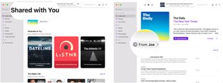 To find Shared with You content in the Podcasts app, open the Podcasts app, then scroll down to the Shared with You section. Click on the shared content to play.