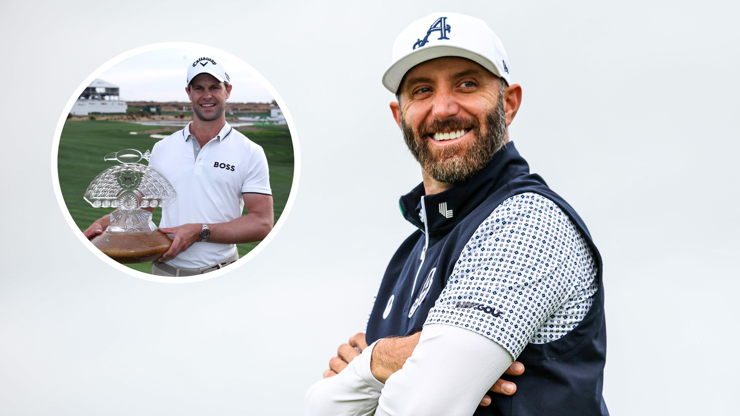 Dustin Johnson smiles and an inset of Thomas Detry holding the WM Phoenix Open trophy