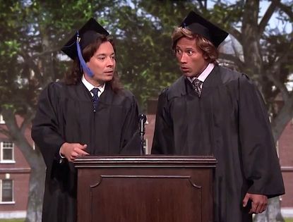 Jimmy Fallon and The Rock relive the 80s with a graduation skit