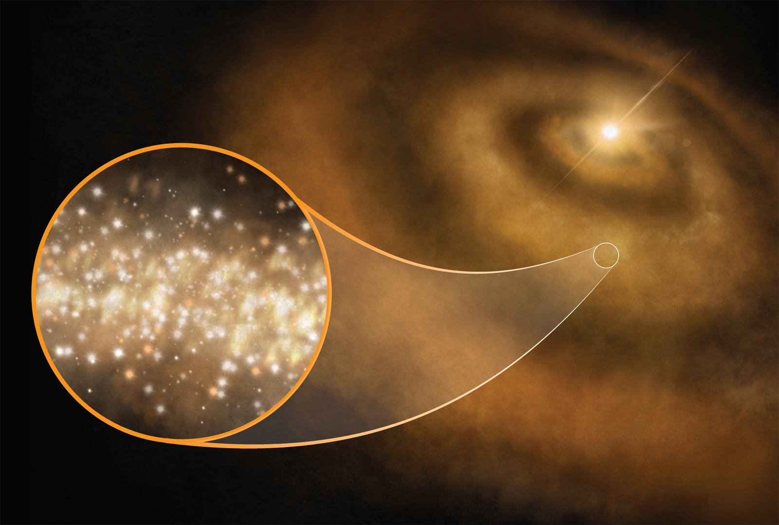 An artist&#039;s illustration of nanodiamonds (tiny nanoscale diamonds) around a young star in our Milky Way galaxy.