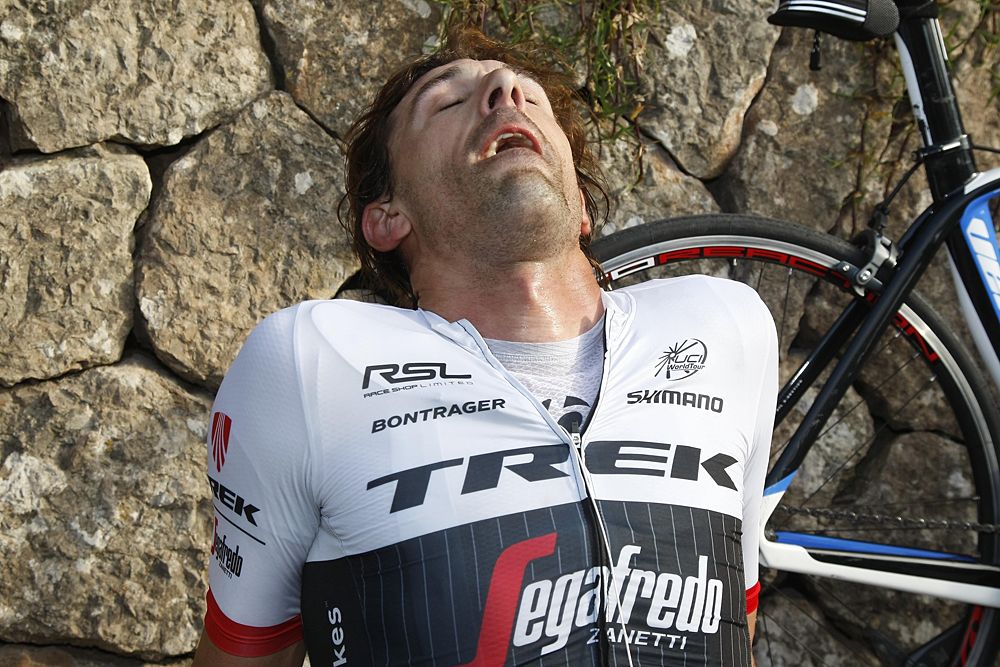 Fabian Cancellara (Trek-Segarfedo) exhausted after a solo effort to take the win at Trofeo Serra de Tramuntana in Mallorca