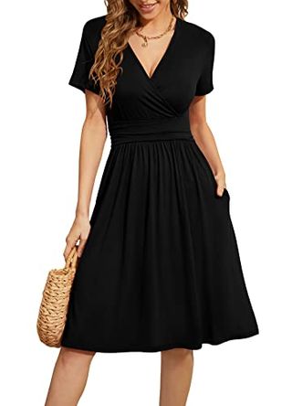 Weaczzy Summer Dress for Women Casual Short Sleeve Black Dresses Wrap V-Neck Party Dress With Pockets, Black, Small