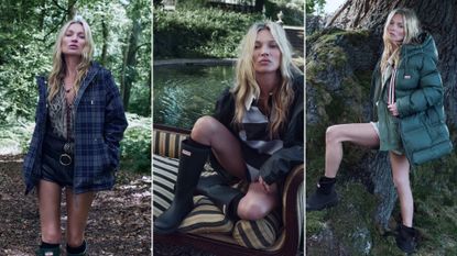 3 images of Kate Moss modelling for Hunter 