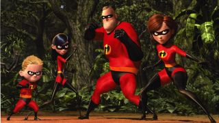 Dash, Violet, Mr Incredible and Elastigirl getting ready to fight in the Pixar movie The Incredibles.