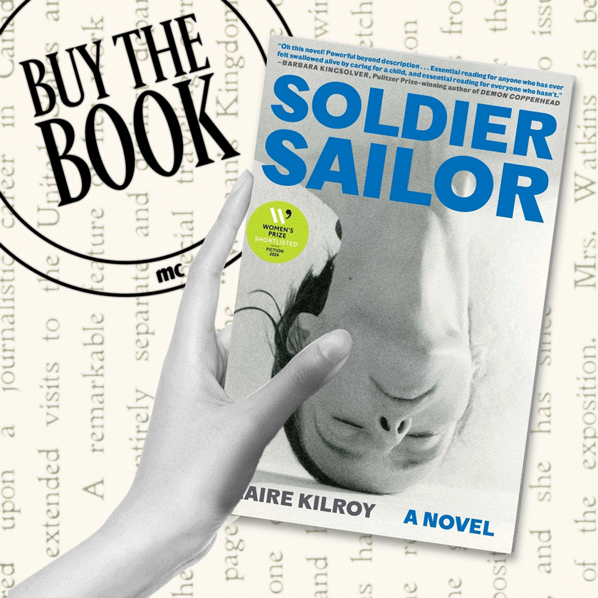 an image of a hand holding book covers of books about the messiness of motherhood with the franchise art for marie claire's buy the book series