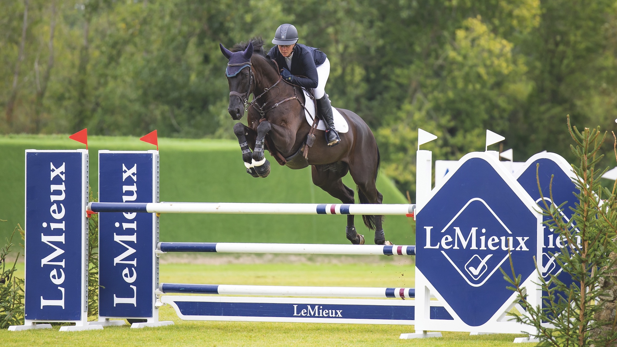 Gemma Stevens jumps an oxer at Hickstead on a bay horse
