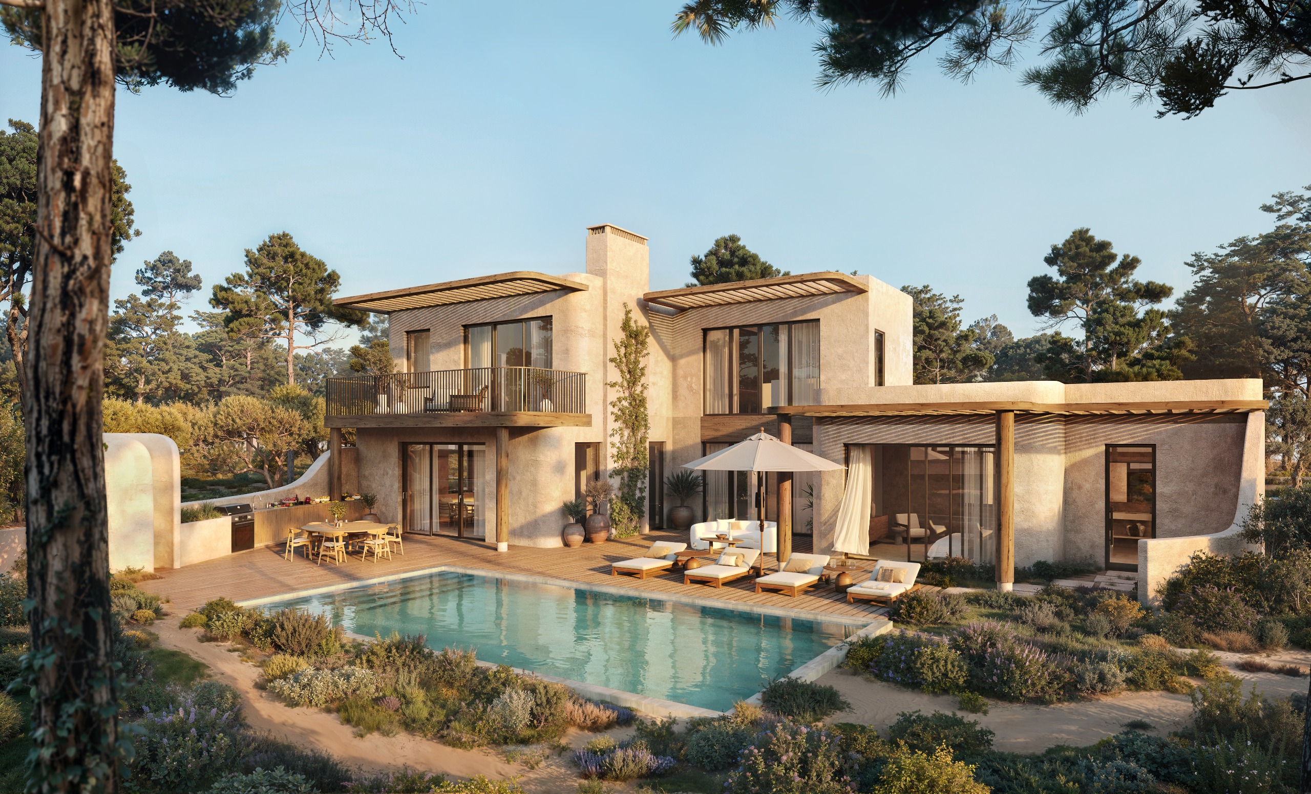 Sun-lit renders of a resort immersed in nature, with a flat, sandy architecture of interlaced spaces, a pool surrounded by Mediterranean-style greenery, and a vegetable garden made up of boxes.