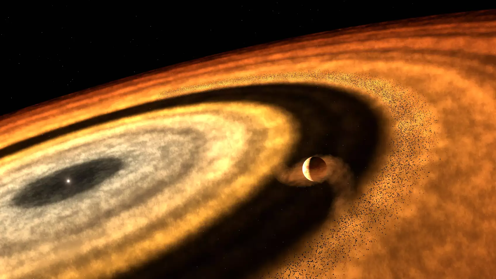 An illustration of a foggy works within the rings of gas and dust around a star.