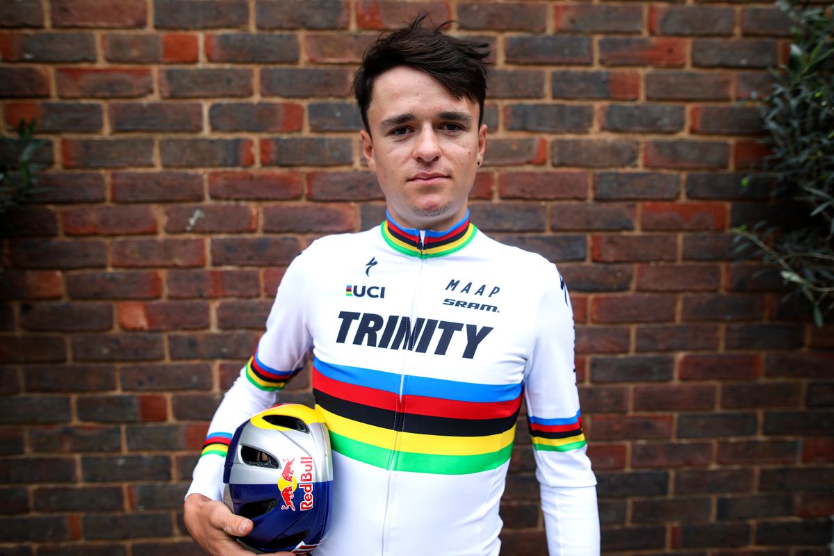 Tom Pidcock shows off his rainbow stripes