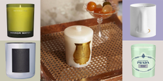 A grid of stylish scented candles from the likes of MIRROR WATER, AOTROM, Trudon, L'Objet, and Prada