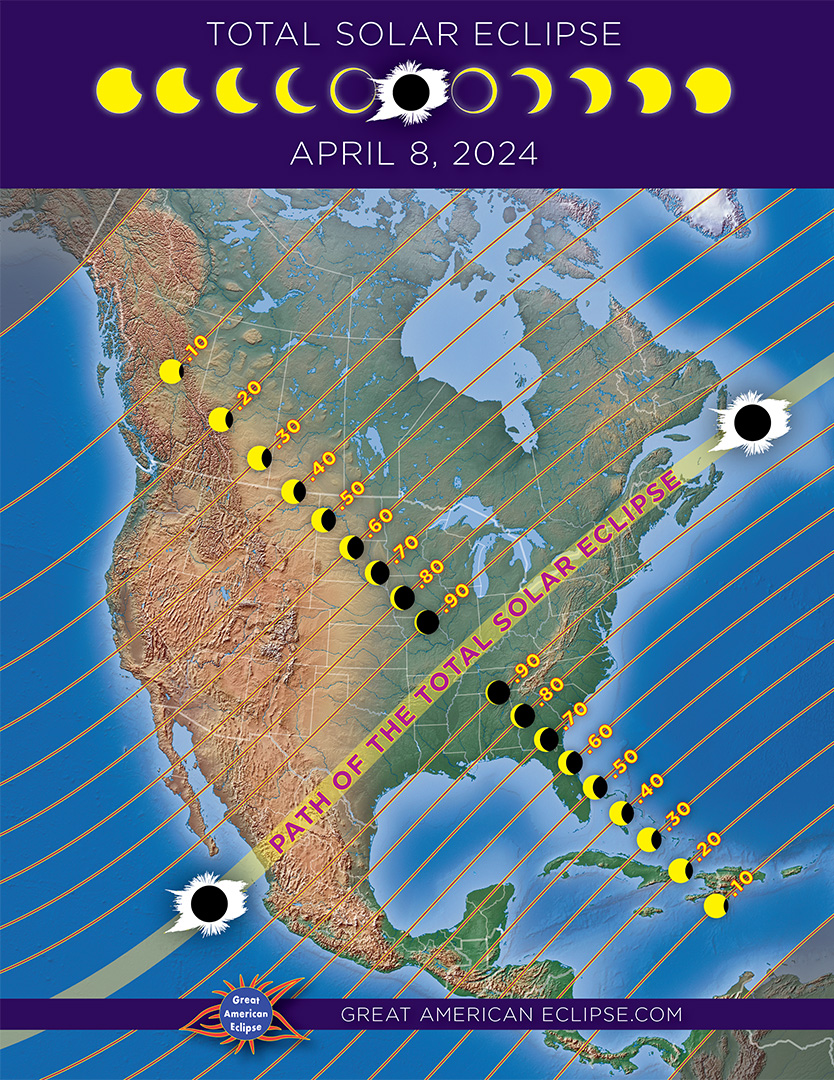 Mapa całkowitego i częściowego zaćmienia w Ameryce Północnej w dniu 8 kwietnia 2024 r.