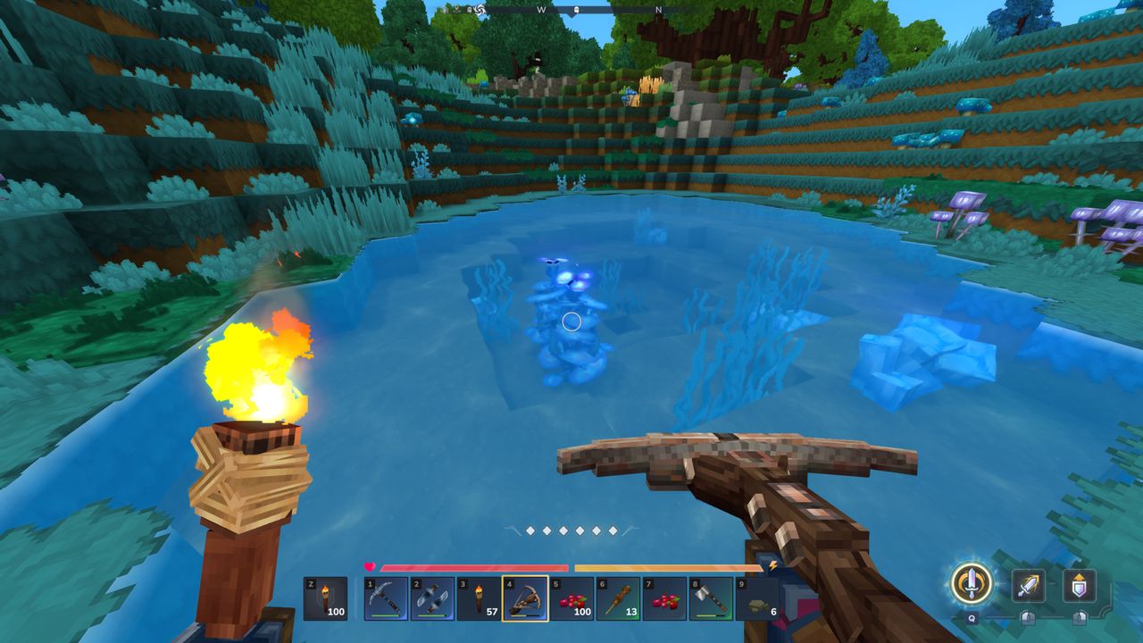 Hytale azure kelp: A player looking at azure kelp in a pond, holding a torch and crossbow.
