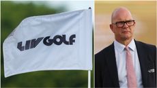 A white flag with the LIV Golf logo flying and a picture of DP World Tour boss Guy Kinnings