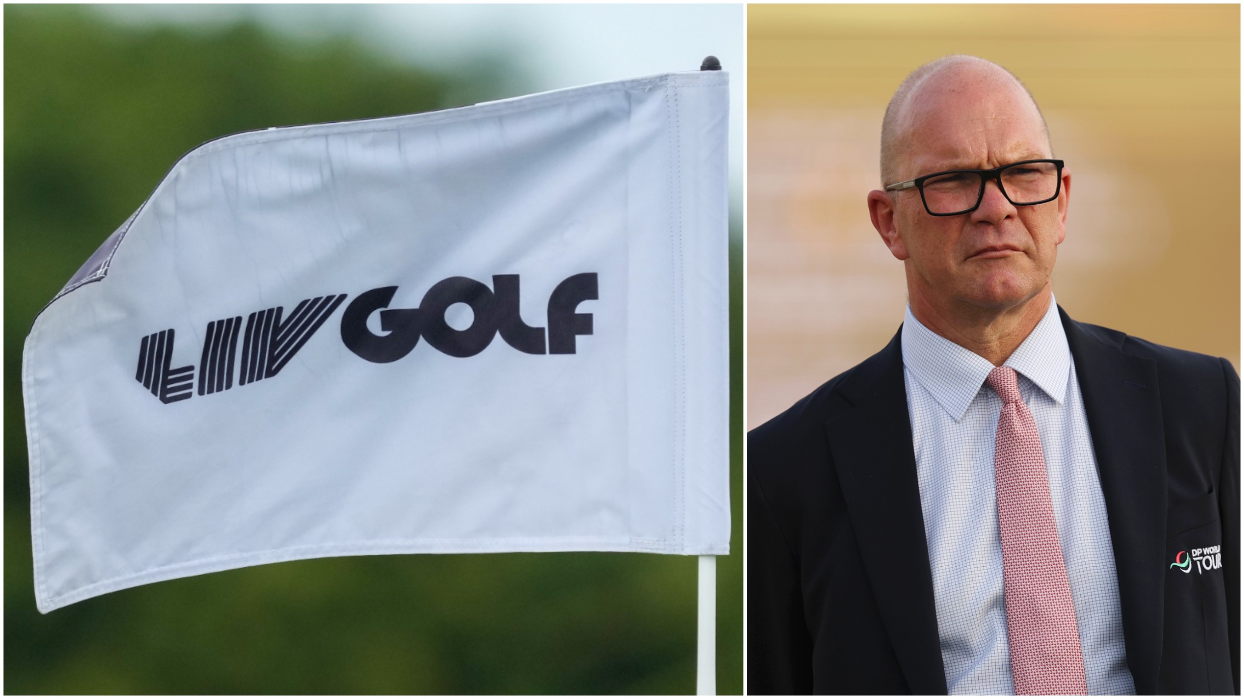 A white flag with the LIV Golf logo flying and a picture of DP World Tour boss Guy Kinnings