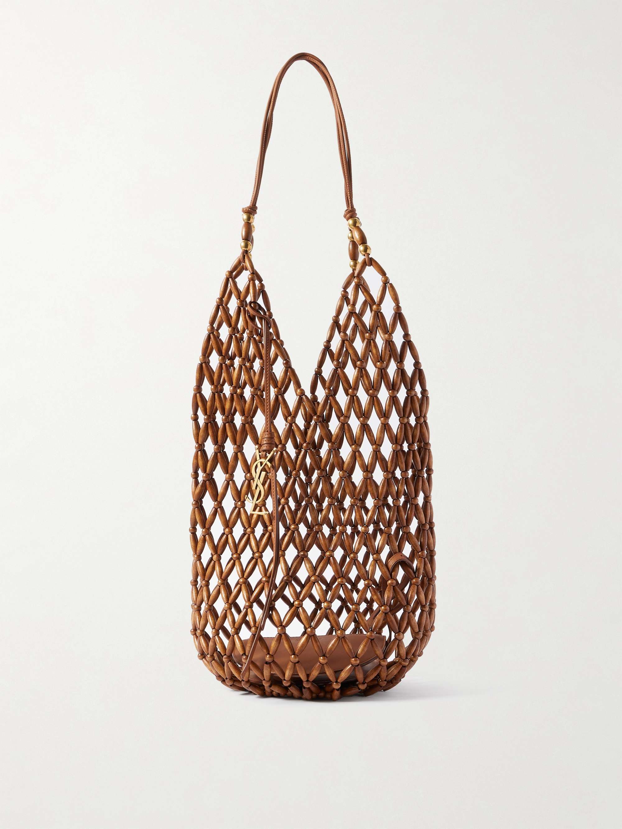 Leather-Trimmed Beaded Wood Tote