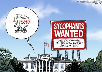 Political cartoon U.S. White House chaos revolving door resignations