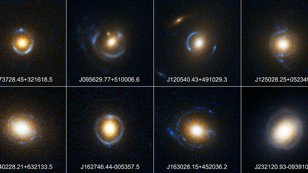 A collage of telescope photos of Einstein rings
