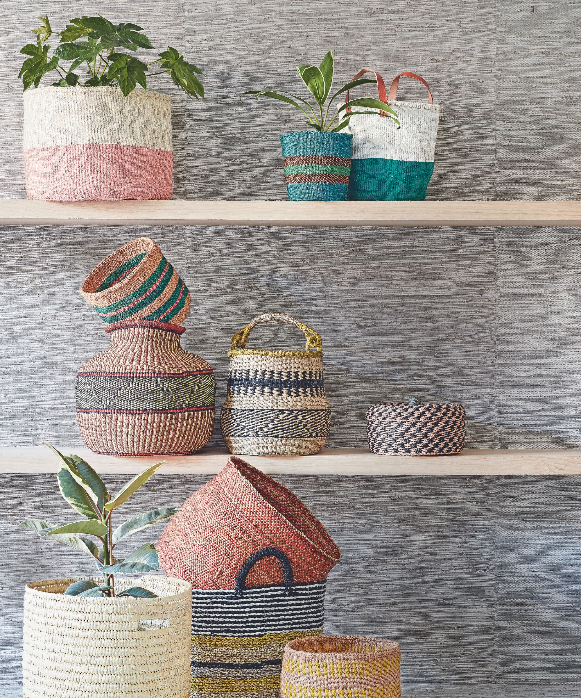 Basket plant pots on shelves