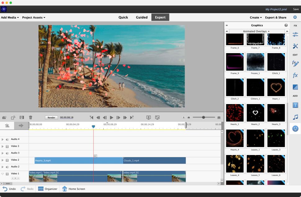 Captura de tela de sobreposições no software de edição de vídeo Adobe Premiere Elements