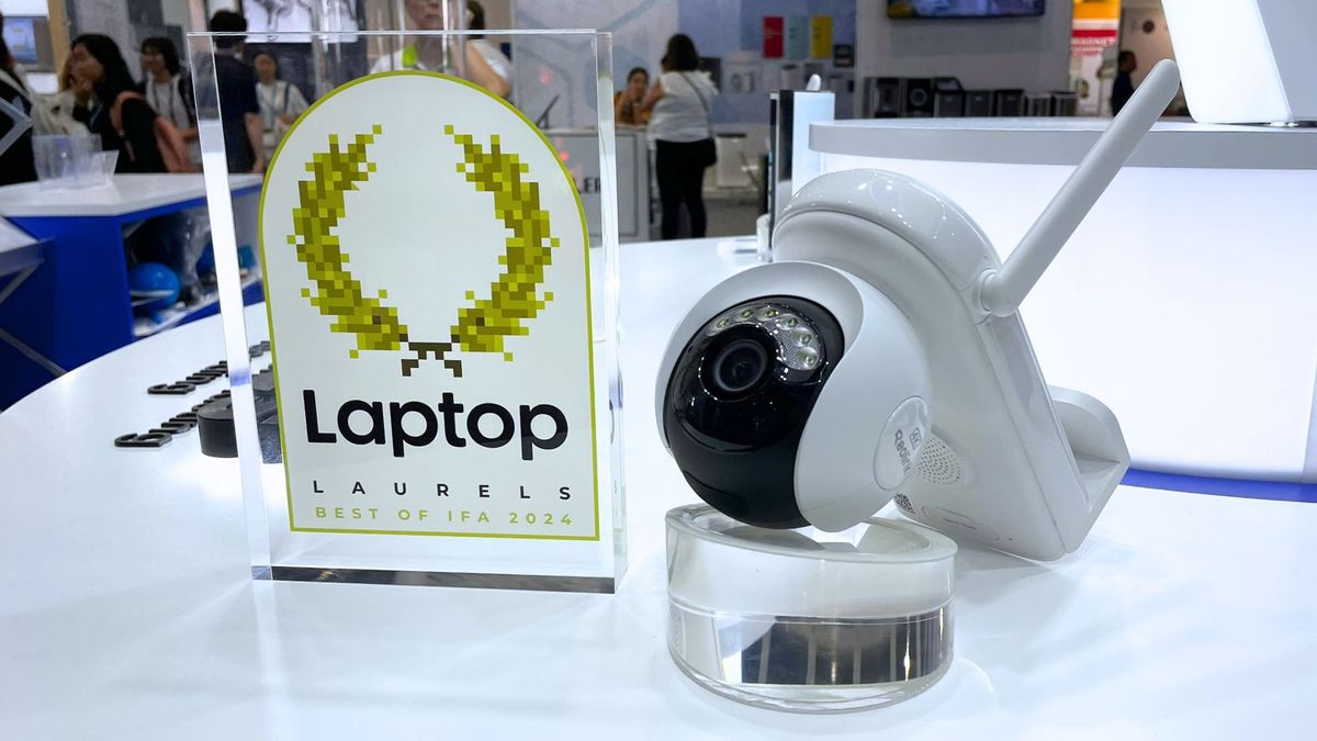 The Reolink Altas PT Ultra smart home security camera on display at IFA Berlin with a Laptop Laurels award trophy