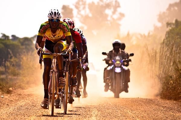 A Rider from Senegal leads a small group that splintered off the peloton.