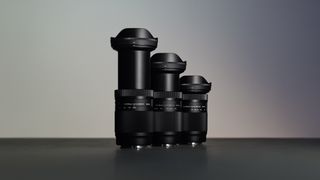 Sigma 20-200mm F3.5-6.3 DG | Contemporary with a wide hood is centrally positioned three times against a gradient gray background, creating a sleek and professional tone