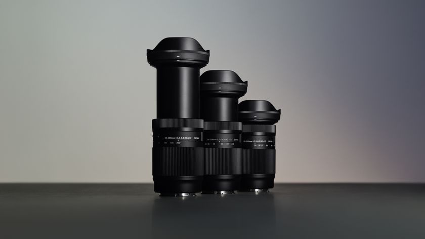 Sigma 20-200mm F3.5-6.3 DG | Contemporary with a wide hood is centrally positioned three times against a gradient gray background, creating a sleek and professional tone
