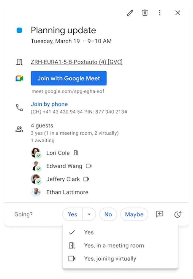Google Calendar now lets you specify whether you'll be at a meeting in