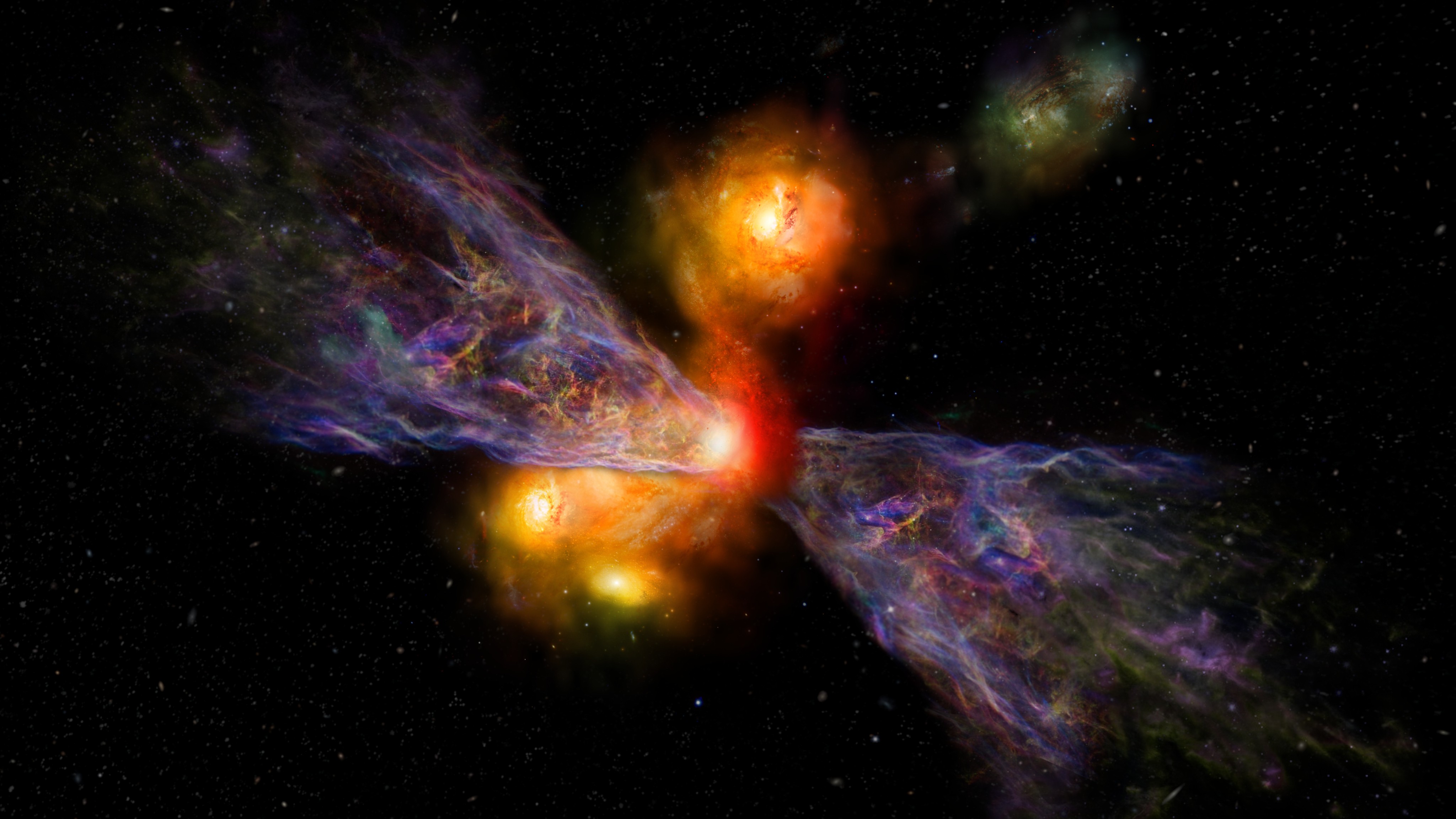An illustration of the galaxy system CRISTAL-02, with an outflow of gas almost as large as the system itself, suggesting that star-forming gas is streaming away. 