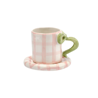 Hand Painted Bow Handle Mug - Pink Gingham