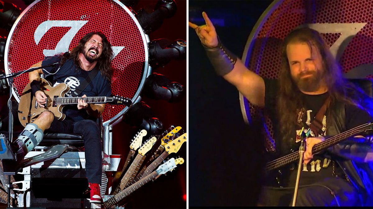 Dave Grohl (left) and Darin Wall sit in Grohl&#039;s custom-made guitar throne