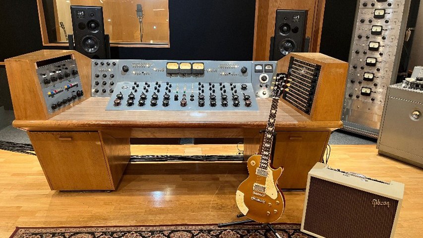 A photo showing Les Paul's restored Monster, the custom eight-channel console Les designed in the 1950s with Rein Narma, which featured cutting-edge in-line equalization and vibrato effects