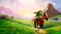 A boy elf on a horse in a green landscape