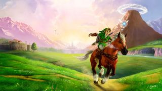 A boy elf on a horse in a green landscape