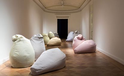 Multiple bean bags in a hallway